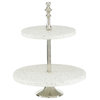 White Stoneware and Aluminum Natural 2 Tier Tray Stand, 17x14x14