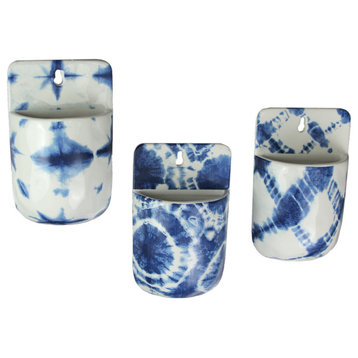 Set of 3 Blue and White Shibori Style Dyed Ceramic Wall Pocket Hangings