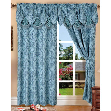 Set of 2 Penelope Curtain Panels With Attached Austrian Valance, 84" Long, Blue