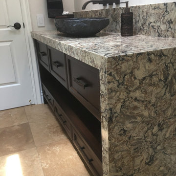 Custom handcrafted wood bathroom vanity dark wood stain, floating shelves