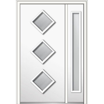 Frosted 3-Lite Diamond Fiberglass Door With Sidelite, 51"x81.75", RH Inswing
