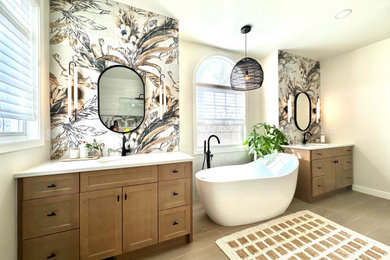 Inspiration for a large craftsman master white tile and porcelain tile double-sink bathroom remodel in Detroit with shaker cabinets, light wood cabinets, quartzite countertops, white countertops and a freestanding vanity