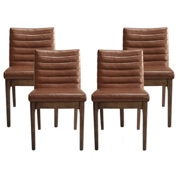 Elisson Mid Century Modern Channel Stitch Dining Chairs (Set of 4), Cognac Brown, Pu