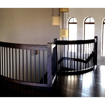 Custom Curved White Oak Staircase, Square Iron Balusters