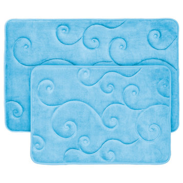 2 PC Memory Foam Bath Mats, Embossed Coral Fleece Top for Shower or Laundry, Blue