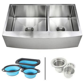 36" Apron Stainless Steel Curve Front 60/40 Double Bowl Kitchen Sink/Colanders