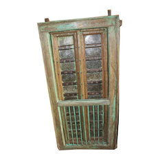 Consigned Rustic Green Patina Iron Jali Wooden Jharokha