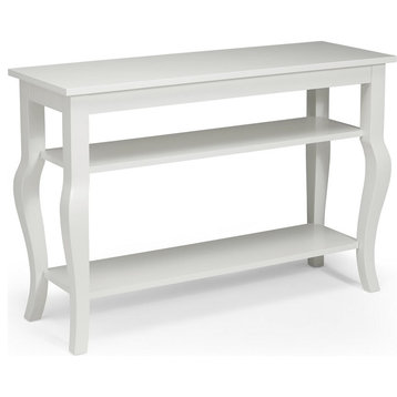 Traditional Console Table, Cabriole Legs With Rectangular Top & 2 Shelves, White