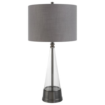 Benzara BM277030 29" Metal Table Lamp, Cone Shaped Glass Base, Silver, Gray