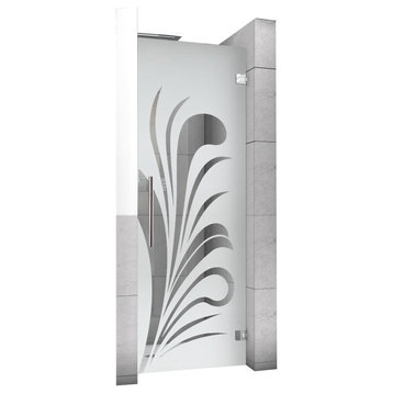 Hinged Alcove Shower Door With Palm Leaf Design, Semi-Private, 28"x70" Inches, Right