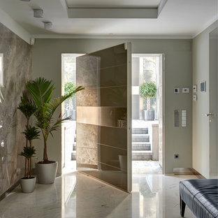 Design ideas for an eclectic entryway in Moscow with a pivot front door, grey walls and beige floor.
