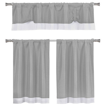 Kitchen Curtains 3-Piece Set, Tie Up Solid Textured, Gray, White