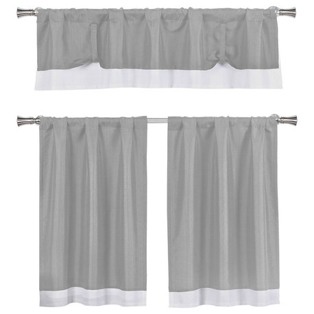 Kitchen Curtains 3-Piece Set, Tie Up Solid Textured, Gray, White