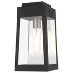 Livex Lighting - Livex Lighting Black 1-Light Outdoor Wall Lantern - This updated industrial design comes in a tapering solid brass black frame with a sleek, straight-lined look. Clear glass panels offer a full view of the brushed nickel accents, that will house the bulb of your choice.