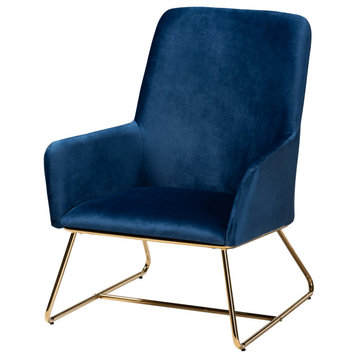 Marilena Glam and Luxe Navy Blue Velvet Fabric Gold Armchair