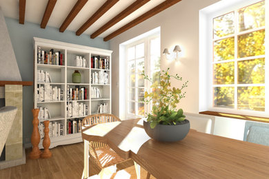 Aménagement d'une salle à manger campagne de taille moyenne avec un mur bleu, parquet clair, une cheminée standard, un manteau de cheminée en plâtre et poutres apparentes.