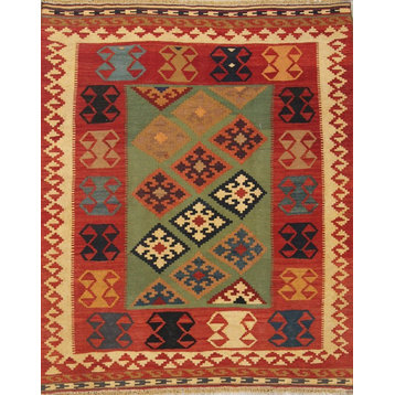 Consigned, Oriental Geometric Flat-Woven Persian Area Rug, Green, 6'2"x5'1"