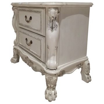 Aurora 32 Inch Classic Wood Nightstand 2 Drawers Subtle Carvings White
