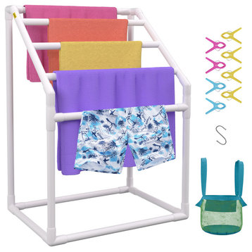 Freestanding Towel Rack Outdoor PVC Poolside Storage Organizer, 5 Bars, White Trapezoidal
