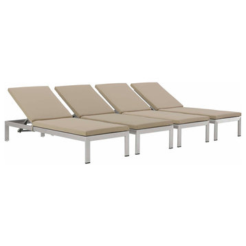 Shore Chaise With Cushions Outdoor Aluminum, Set of 4, Silver Beige