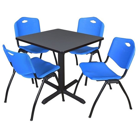 Cain 30" Square Breakroom Table, Gray and 4 'M' Stack Chairs, Blue