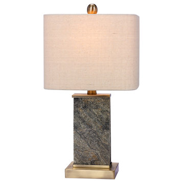 Stone & Metal Table Lamp, Natural Stone/Antique Brass, 19"