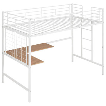 TATEUS Metal Loft Bed With Desk, Sturdy Metal Frame Guardrails Work and Play, White, Twin