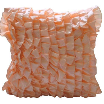 Vintage Style Ruffles 12"x12" Satin Peach Pillow Covers, Vintage Peach Sorbet