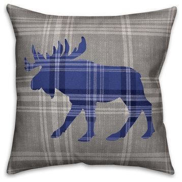 Gray and Blue Glen Plaid Moose 16"x16" Outdoor Throw Pillow