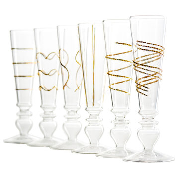 Footed Razzle Dazzle Champagne Flutes with Gold Accents, Set of 6