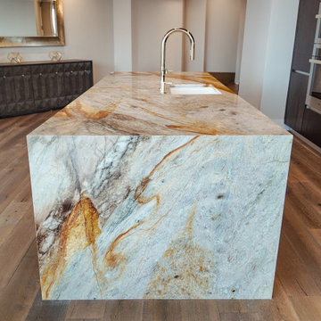 Ibiza Quartzite Kitchen with Waterfall Island, Countertop & Backsplash