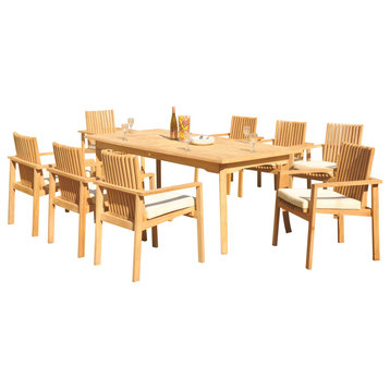 9-Piece Outdoor Teak Dining Set: 83" Rectangle Table, 8 Clip Stacking Arm Chairs