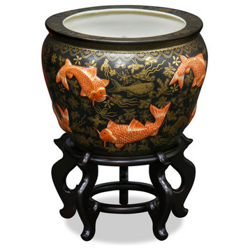 12 Inch Porcelain Koi Fish Motif Chinese Fishbowl Planter, With Stand