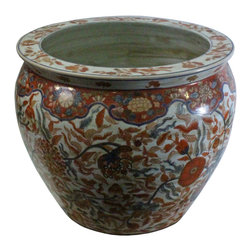 Chinese Oriental Vintage Porcelain Orange Imari Graphic Pot - Indoor Pots And Planters