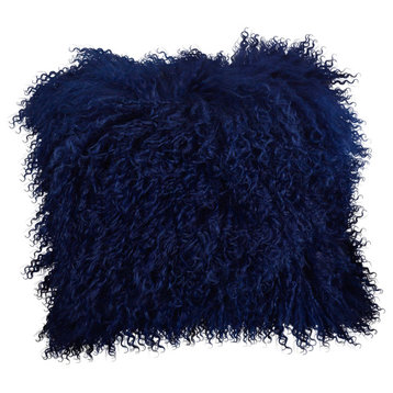 Mongolian Lamb Fur Poly Filled Throw Pillow, Cobalt Blue, 20"x20"