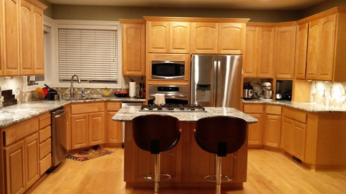 Alaksa White Granite Maple Cabinets, Maple Kitchen Cabinets With White Granite Countertops