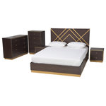 Wholesale Interiors - Arcelia Two-Tone Dark Brown and Gold Finish Wood Queen Size 5-Piece Bedroom Set - Boast a sleek, charismatic atmosphere in your bedroom with the extraordinary Arcelia bedroom set. Made in Malaysia, this lovely set includes one platform bed, one chest, one dresser, and two nightstands. The elongated headboard of the bed ensures superb back support and comfort when relaxing in bed while lending a stunning backdrop. The Arcelia set requires assembly and utilizes wood slats for mattress support, eliminating the need for a box spring. With a truly unique design, the Arcelia bedroom set transforms the modern bedroom.