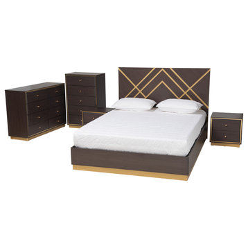 Arcelia Two-Tone Dark Brown and Gold Finish Wood Queen Size 5-Piece Bedroom Set