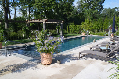 Design ideas for a mid-sized transitional backyard rectangular pool in Chicago with concrete pavers.