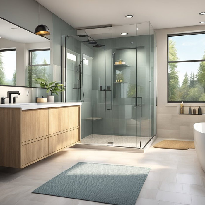 A bathroom with a shower and a bathtub