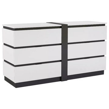 Wooden 6 Drawers Dresser in White and Metallic Gray