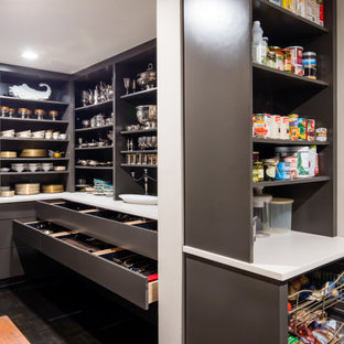 Idéer för att renovera ett mellanstort funkis vit vitt kök, med släta luckor, grå skåp, bänkskiva i kvarts, mörkt trägolv och svart golv