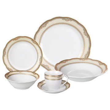 24 Piece Fine Wavy Edge Porcelain Dinnerware Set, Amelia design, Isabella