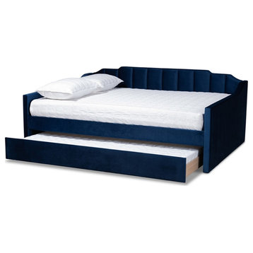 Bowery Hill Contemporary Velvet Full Size Daybed with Trundle in Blue