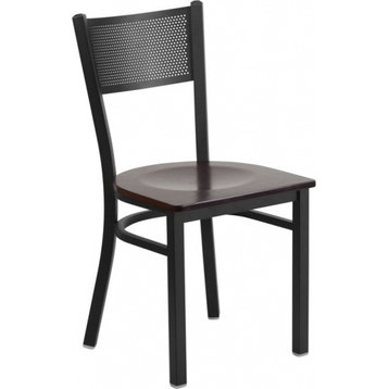 Hercules Series Black Grid Back Metal Chair, Walnut Wood Seat