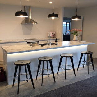 Mid-sized modern kitchen pantry photos - Mid-sized minimalist galley vinyl floor kitchen pantry photo in Napier-Hastings with a double-bowl sink, white cabinets, laminate countertops and an island