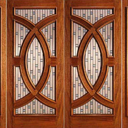 Mahogany Prehung Double Door and Two Sidelite, Circle Decorative Glass - Front Doors