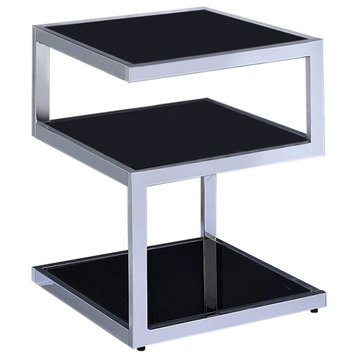 Black Glass And Chrome 3 Tier Shelves End Table