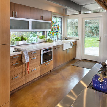 Galley Kitchen with Exposed Beam