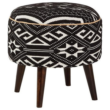 Coaster Camila Mid-Century Round Cotton Upholstered Ottoman in Black and White
